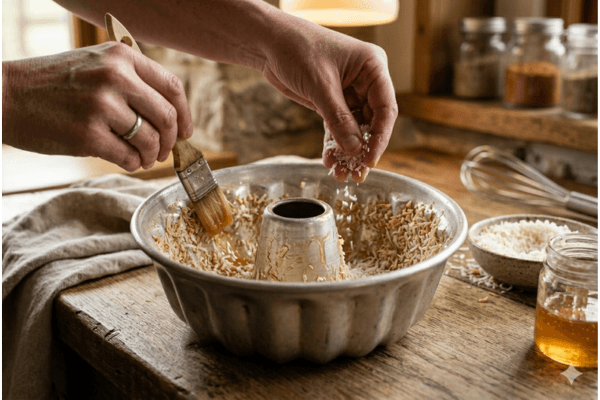 "Close nas mãos de uma pessoa preparando uma forma de pudim de alumínio com furo central sobre uma bancada de madeira rústica. Com uma das mãos, ela usa um pincel culinário para espalhar uma calda brilhante (mel ou caramelo) nas paredes internas da forma, enquanto a outra mão polvilha coco ralado seco sobre a superfície untada. Ao fundo, um batedor de claras (fouet) e potes de vidro com ingredientes completam a cena em tons terrosos e acolhedores."