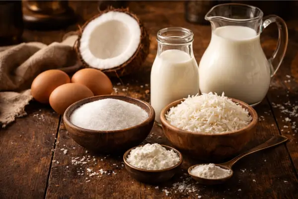 "Uma composição rústica sobre uma mesa de madeira escura exibindo os ingredientes para um pudim de coco. Há uma jarra de vidro e uma garrafa com leite branco, uma tigela de madeira com açúcar refinado, outra com coco ralado fresco e uma pequena com amido ou farinha. Ao fundo, meia casca de coco seco e três ovos marrons sobre um pano de linho bege, sob uma iluminação suave e quente."