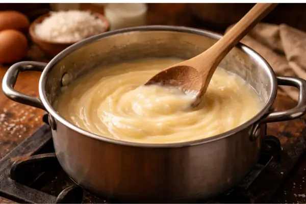 "Uma panela de aço inoxidável sobre a boca de um fogão rústico, contendo um creme de coco espesso e brilhante, de cor amarelo claro. Uma colher de pau está mergulhada na mistura, criando um redemoinho que mostra a textura aveludada do doce. Ao fundo, de forma desfocada, avistam-se ovos e uma tigela com coco ralado sobre uma mesa de madeira."