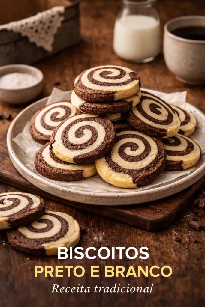 biscoitos preto e branco em formato espiral para Pinterest