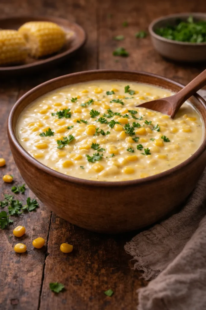 creme de milho cremoso servido em prato elegante