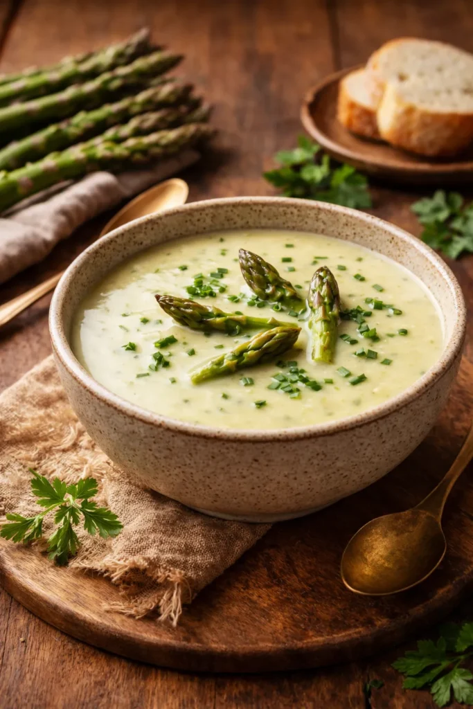 creme de aspargos elegante servido em prato sofisticado