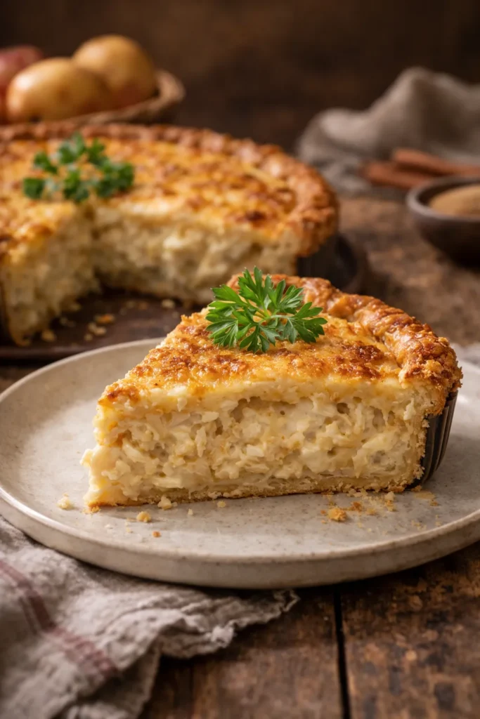 fatia de torta de bacalhau cremosa servida