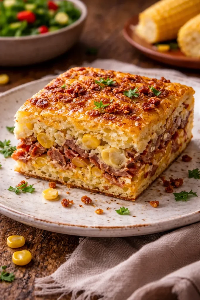 fatia de torta de milho com carne-seca servida