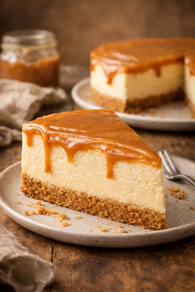 fatia de cheesecake de doce de leite servida