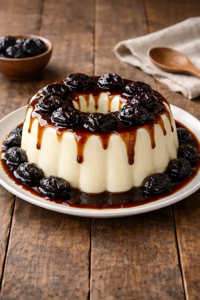 Manjar Branco Tradicional servido com calda de ameixa