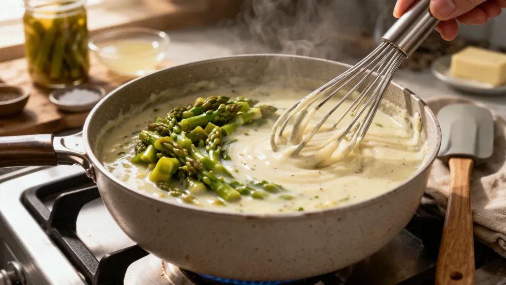 preparo do creme de aspargos na panela