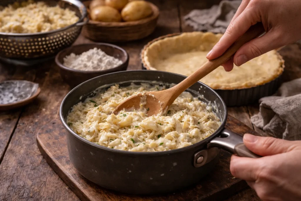 preparo do recheio da torta de bacalhau cremosa