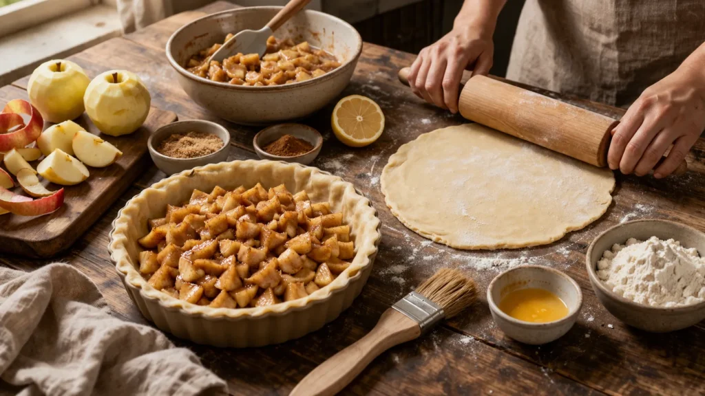 preparo da torta de maçã com massa sendo aberta