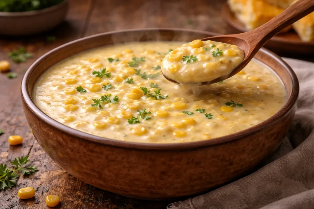 creme de milho servido em mesa de almoço