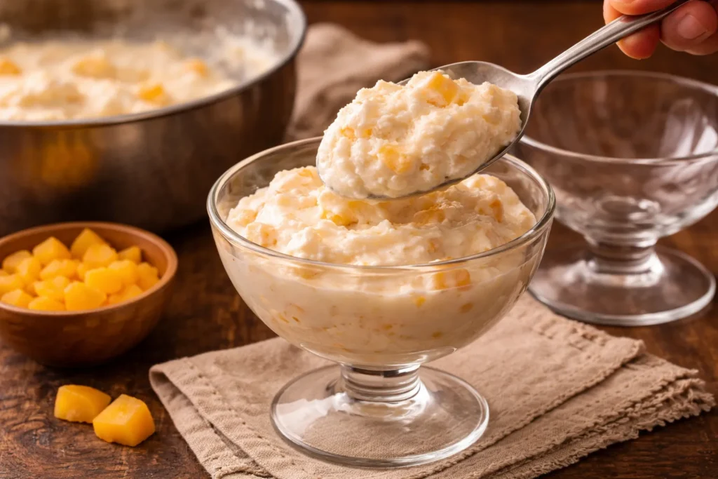 mousse de pêssego servida em mesa de família