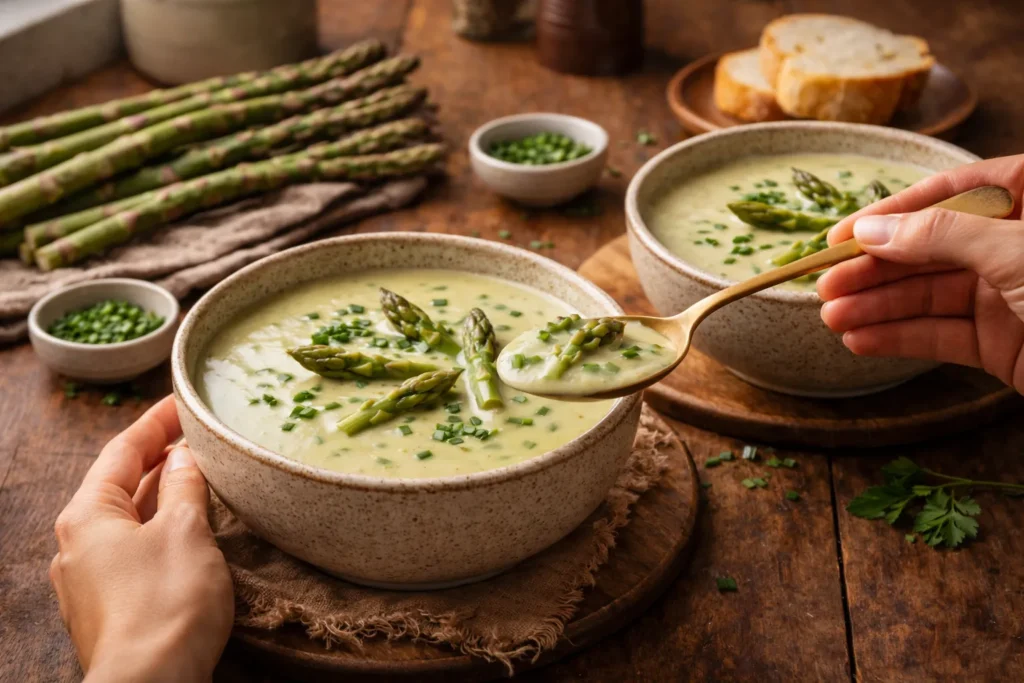 creme de aspargos servido em mesa aconchegante