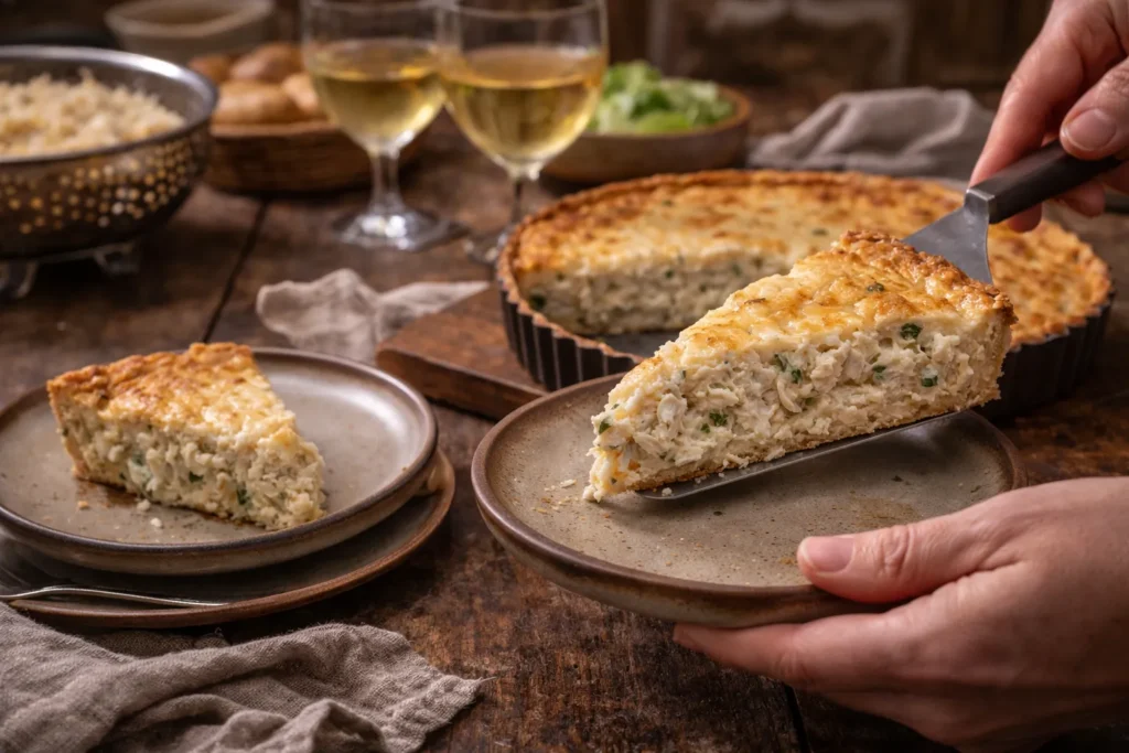 torta de bacalhau cremosa servida em mesa rústica