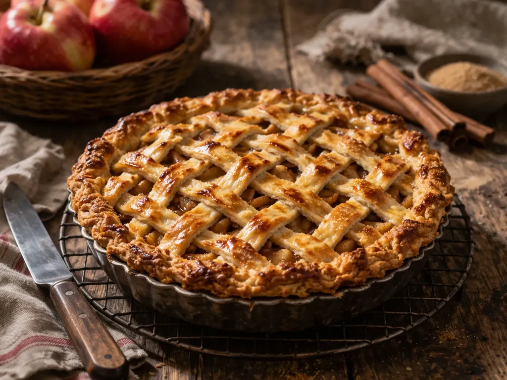 torta de maçã servida em mesa com café