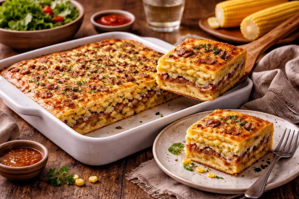 torta de milho com carne-seca servida em mesa rústica