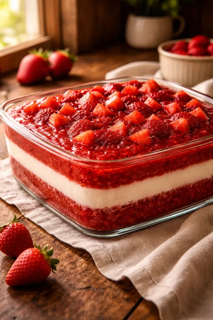 manjar de travessa com morango em camadas na travessa