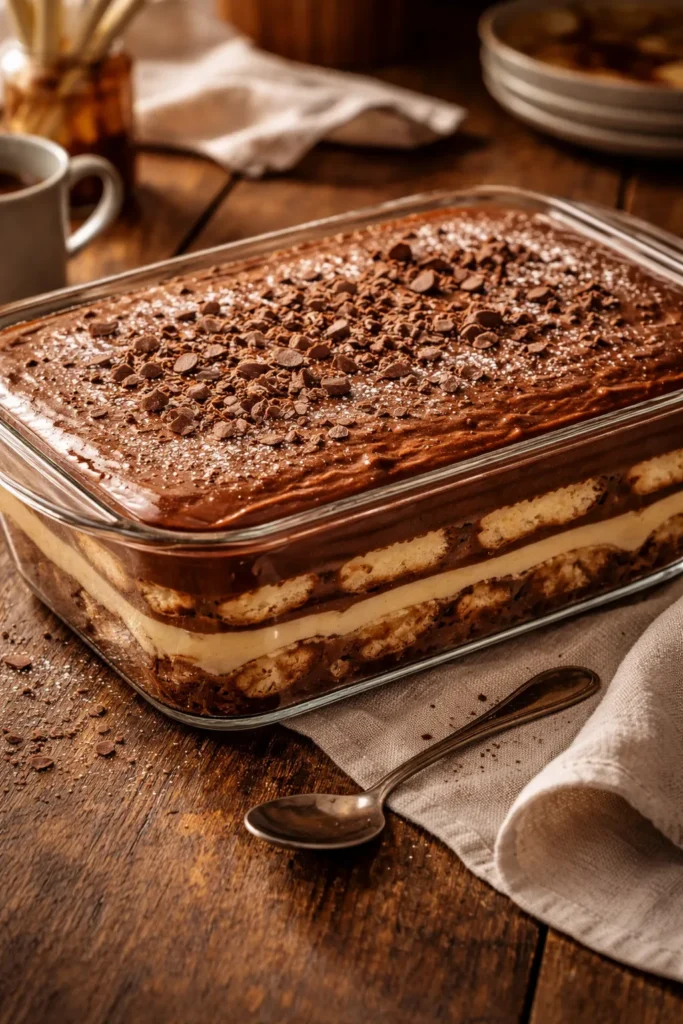 pavê de chocolate com vinho do porto em camadas servido em refratário