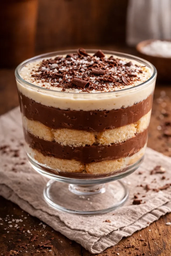 pavê de coco e chocolate em camadas servido em taç