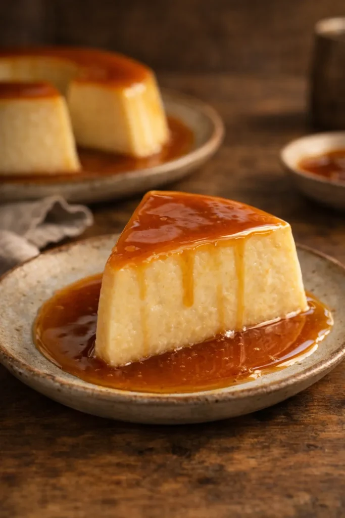 fatia de pudim de leite de coco com calda
