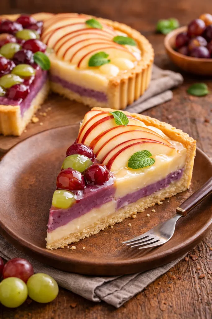 fatia de torta de maçã e uva servida