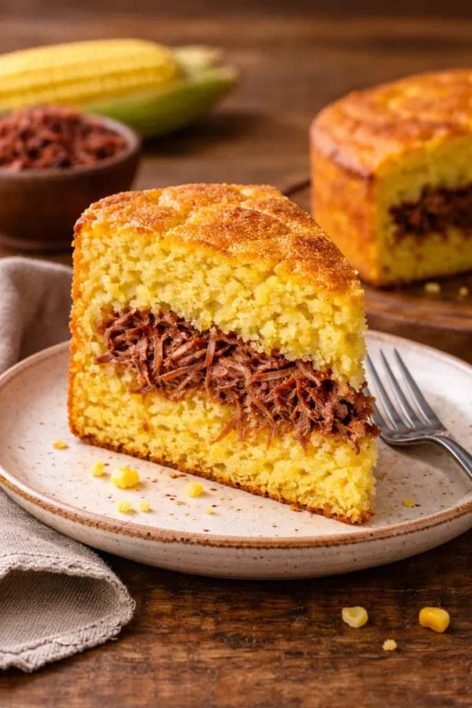 fatia de torta de milho com carne seca