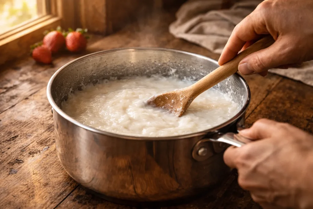 Imagem vertical otimizada para Pinterest da receita manjar de travessa com morango, destacando as camadas de coco e morango em uma apresentação elegante e convidativa.