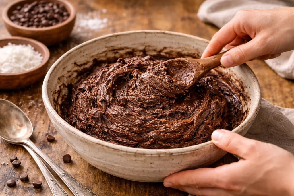 preparando massa de biscoito de chocolate