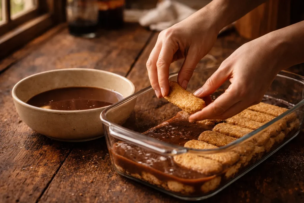 preparo do pavê de chocolate com vinho do porto com biscoitos sendo umedecidos