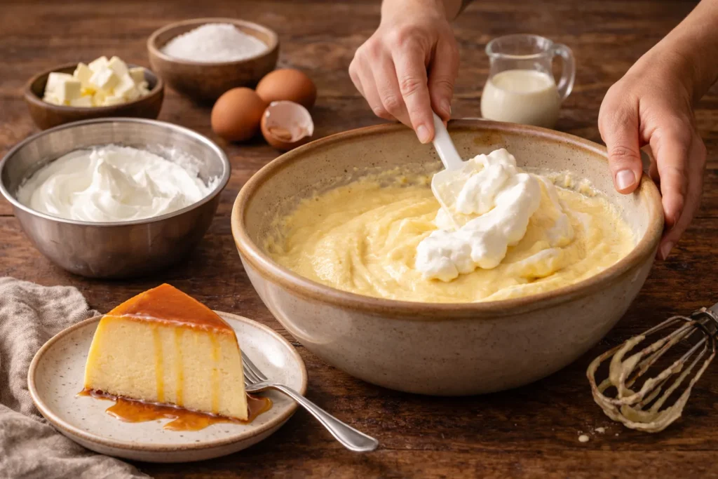 preparo do pudim com mistura sendo feita