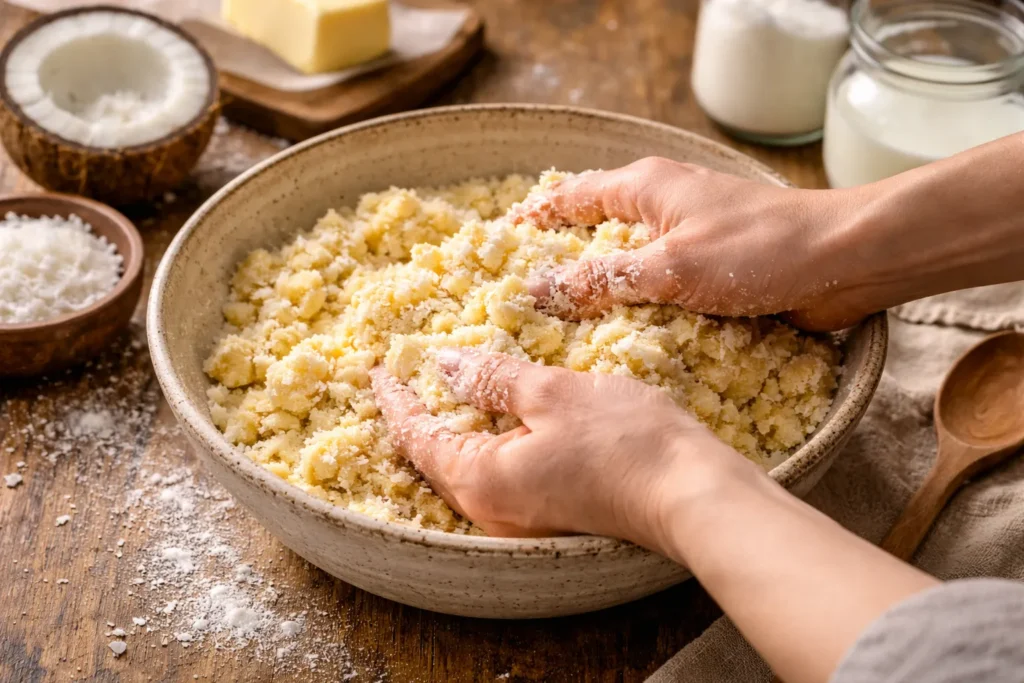 preparando massa de sequilhos de coco