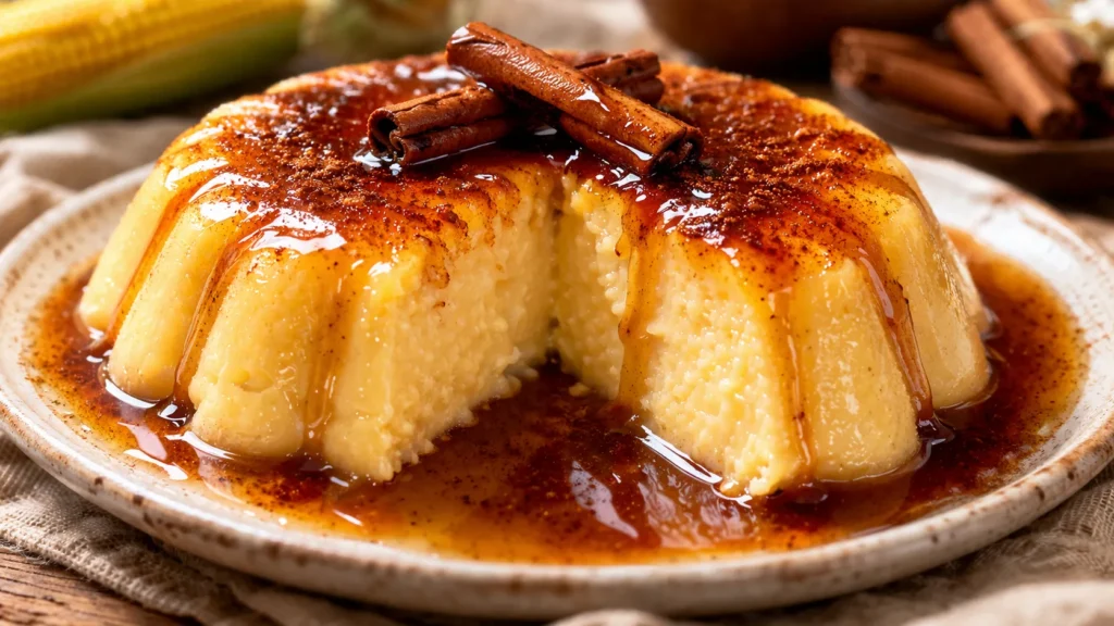 textura do manjar de milho cremoso com calda de canela