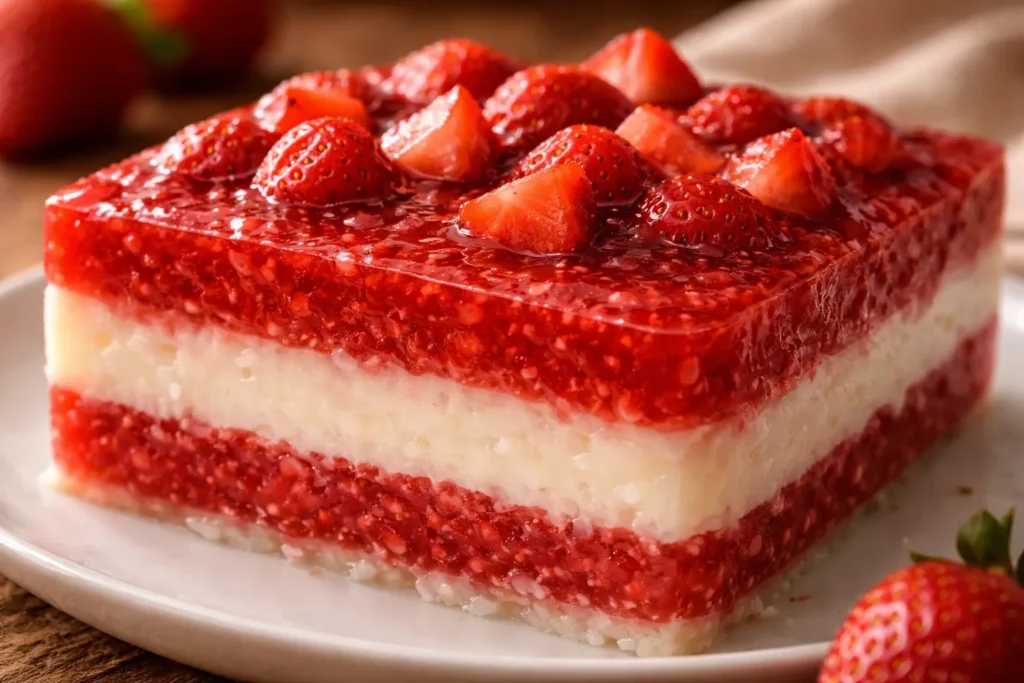 close do manjar de travessa com morango mostrando camadas cremosas