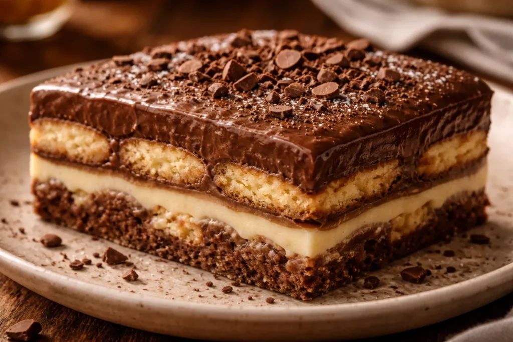 close do pavê de chocolate com vinho do porto mostrando camadas cremosas