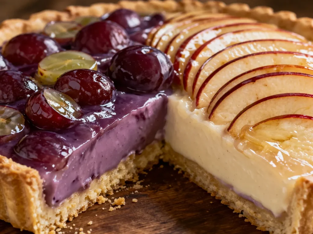 torta de maçã e uva servida em mesa rústica