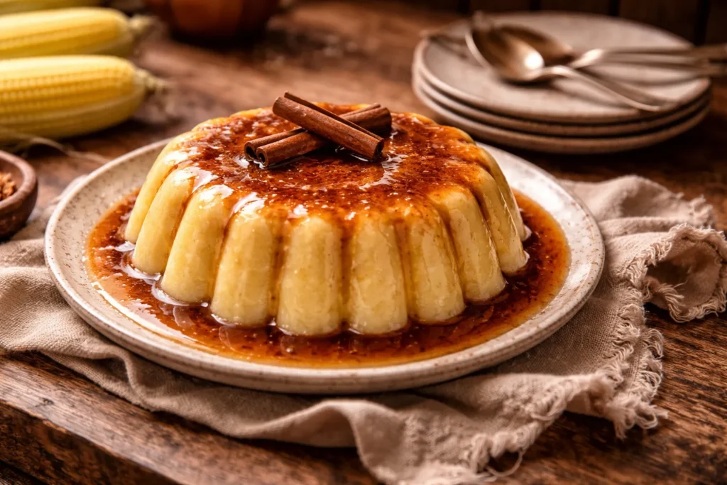 manjar de milho caseiro em mesa rústica de família