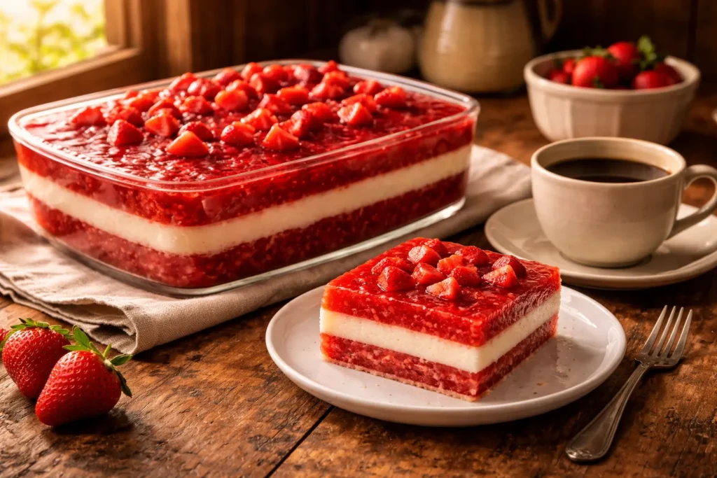 Imagem em close da sobremesa manjar de travessa com morango, destacando a textura cremosa do coco, a geleia brilhante de morango e a apresentação em camadas.