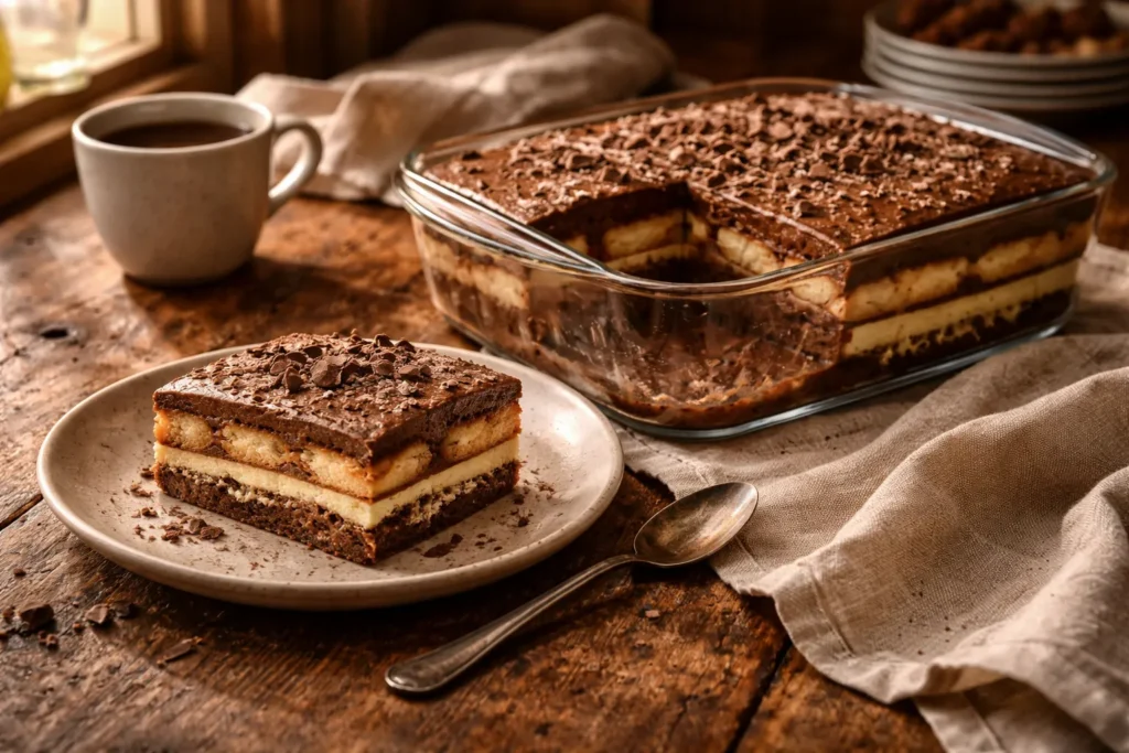 pavê de chocolate com vinho do porto em mesa rústica com clima de almoço em família