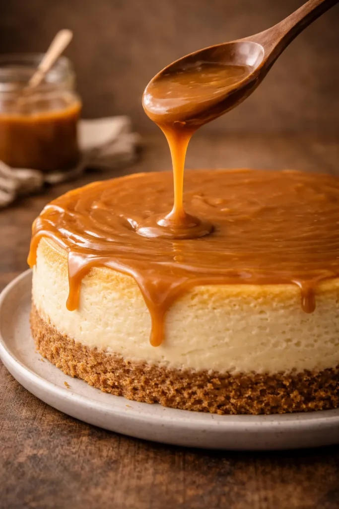 cheesecake de doce de leite servido em mesa rústica