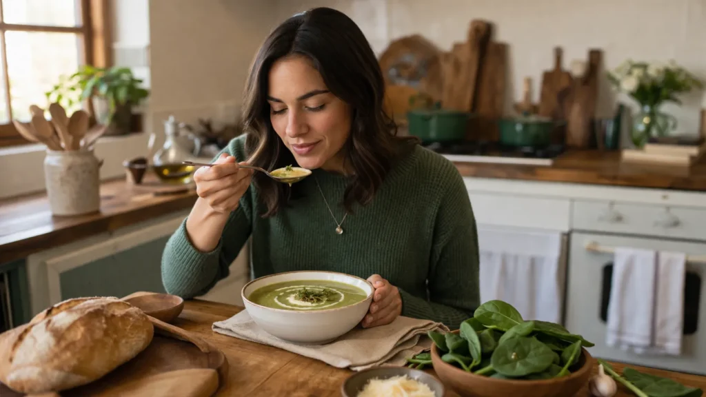 pessoa servindo creme de espinafre em cozinha acolhedora