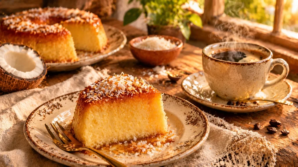 pudim de coco em mesa de café da tarde