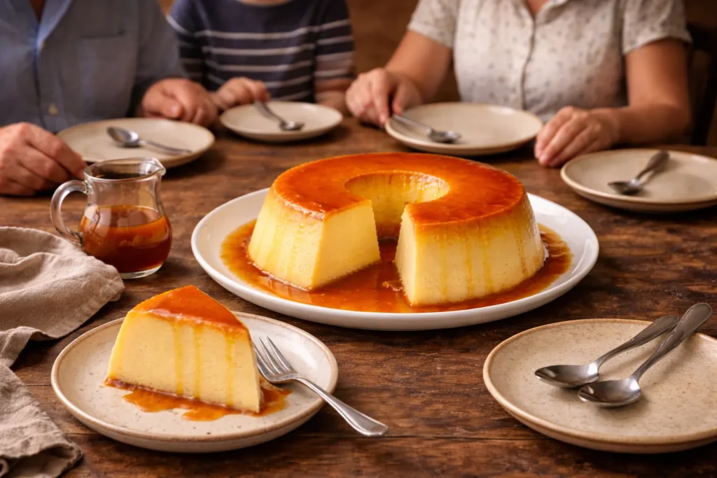 pudim servido em mesa de família