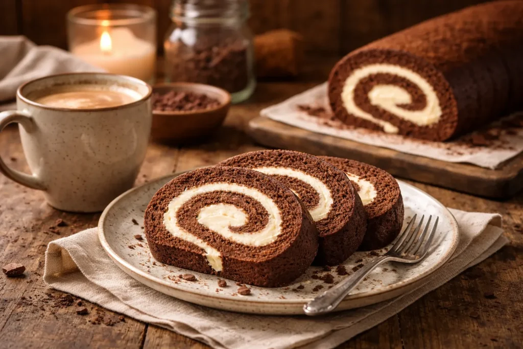 rocambole de chocolate servido com café