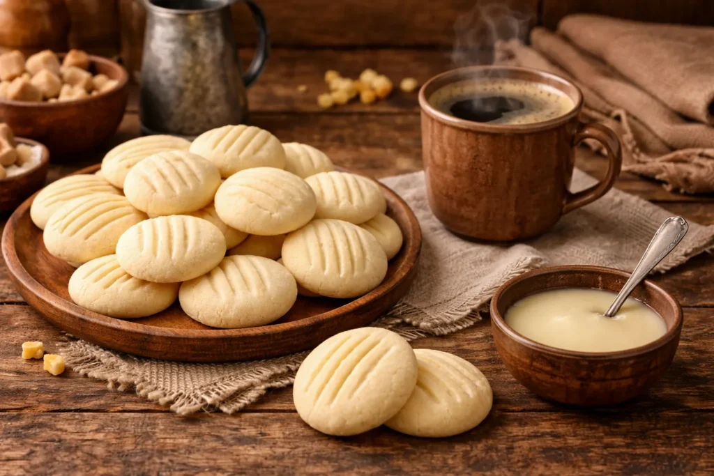 sequilhos com leite condensado sendo servidos com café