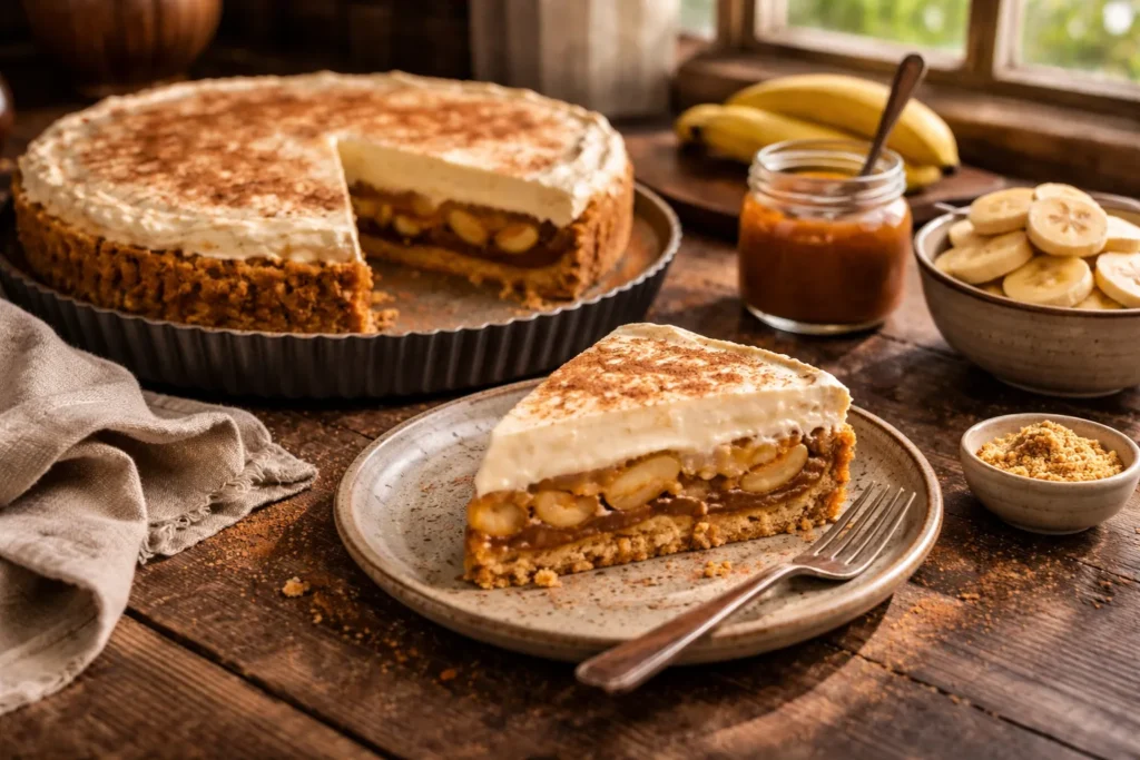 banoffee caseira com banana e doce de leite servida à mesa