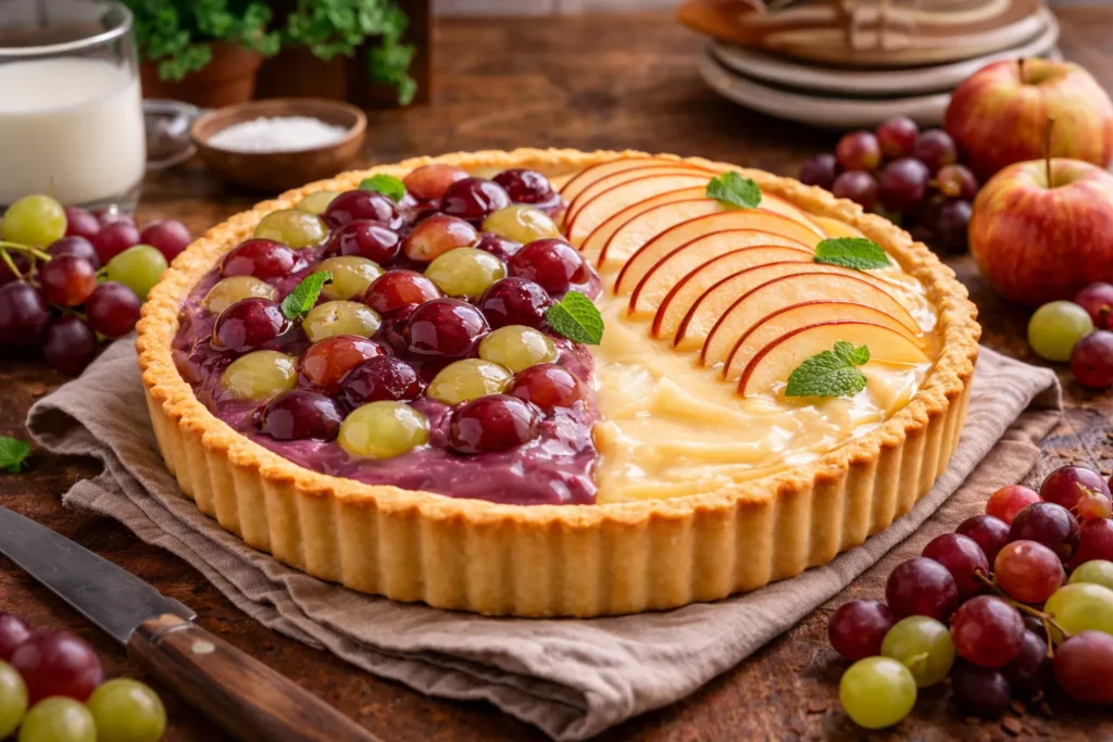 torta de maçã e uva servida em mesa rústica