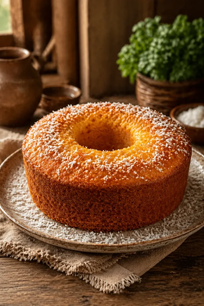 Bolo de abóbora com coco em foto vertical estilo Pinterest