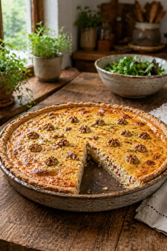 Quiche de ricota com nozes em foto vertical estilo Pinterest com visual caseiro elegante