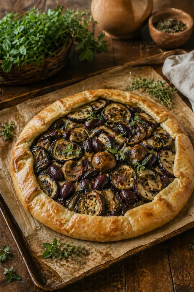 Torta de cogumelo e berinjela em versão vertical para Pinterest