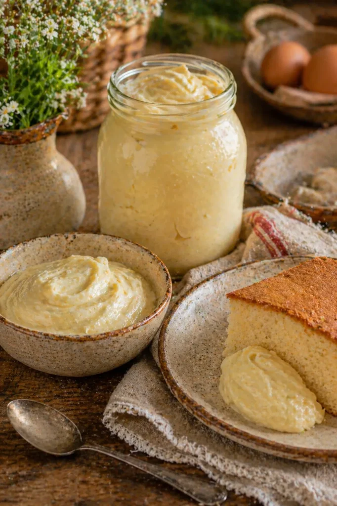 Creme para sobremesa com amido de milho ao lado de bolo simples