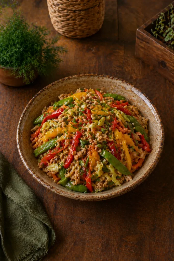 Xadrez de soja receita vegana com legumes coloridos em foto vertical
